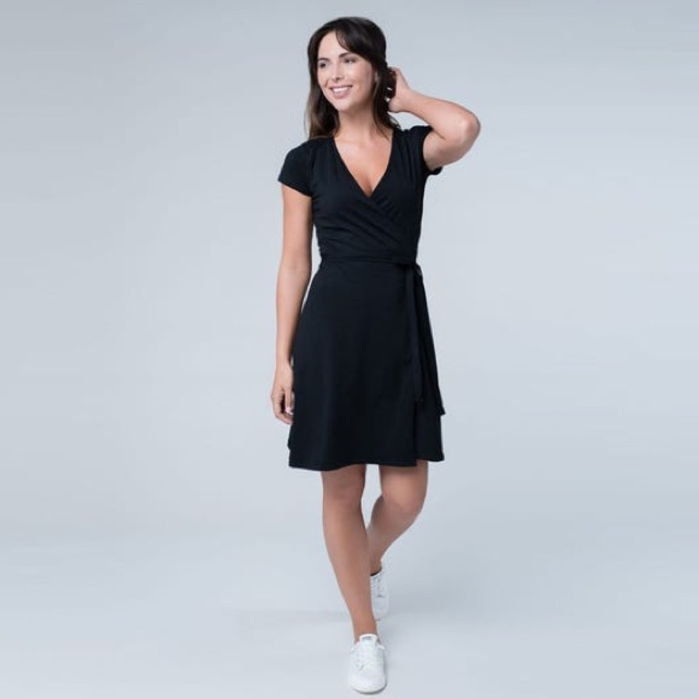Pact Organic Cotton Knee Length Black Wrap Dress Women’s Size XS
